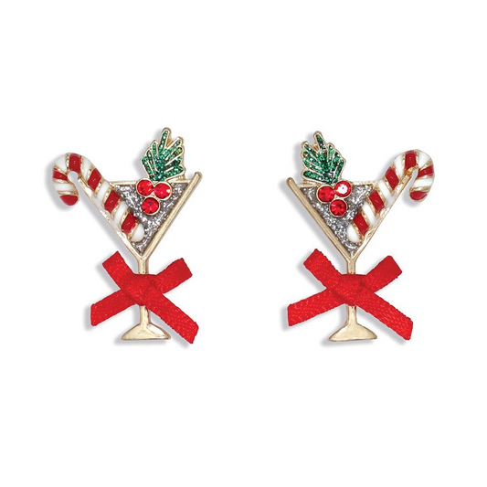 Holiday Martini w Red Bows Earrings