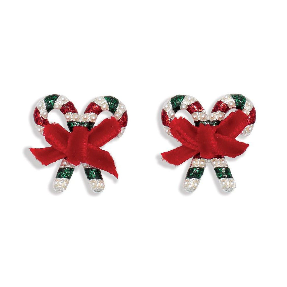 Earrings - CandyCanes w Pearl+Red Bow - Mellow Monkey