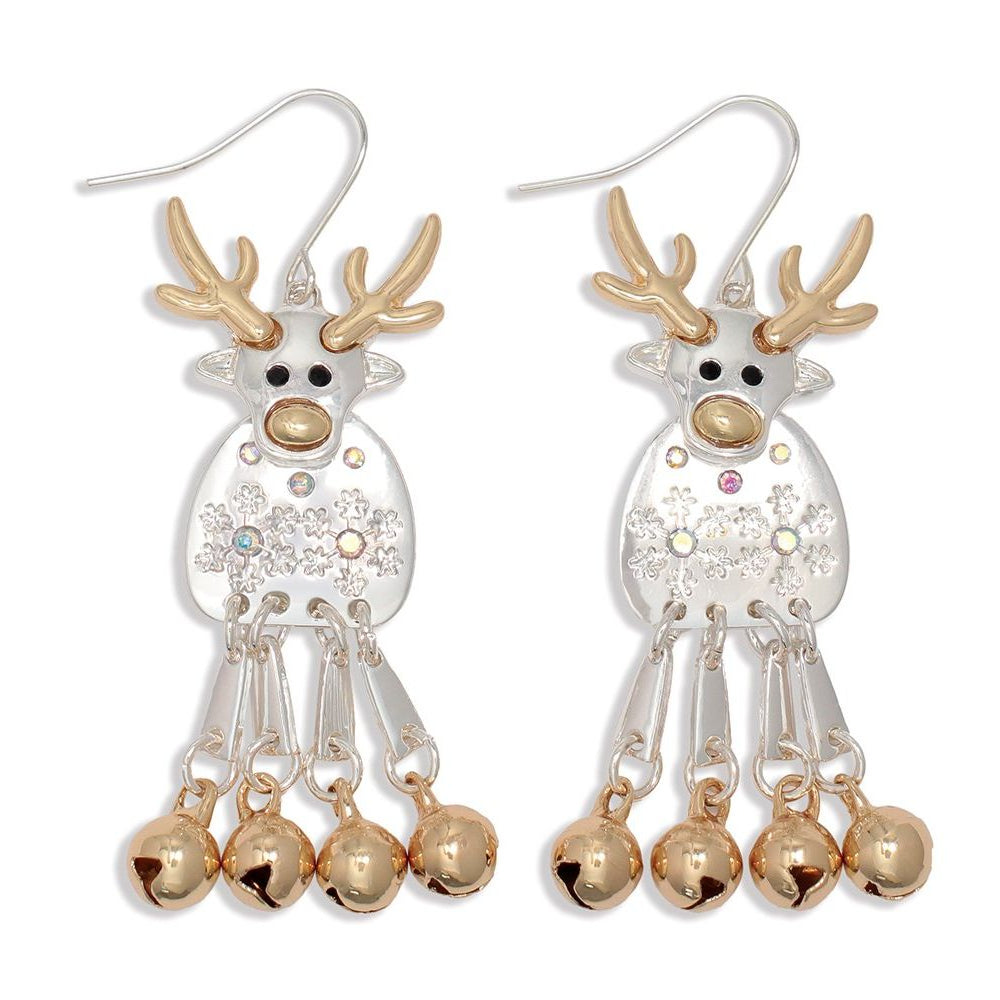 Earrings - TwoTone Reindeer w Bell Le - Mellow Monkey
