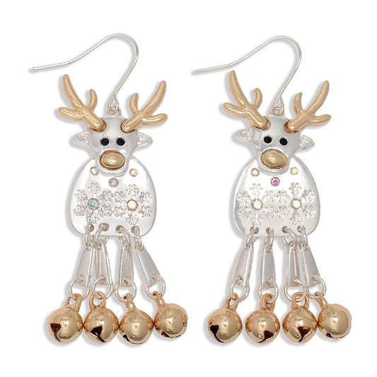 Earrings - TwoTone Reindeer w Bell Le - Mellow Monkey