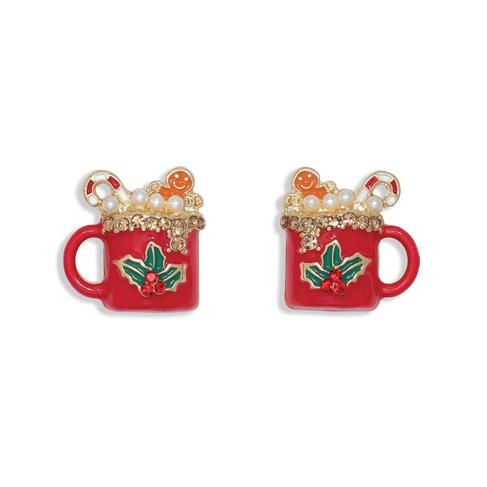 Earrings - Red Holly Mug w Crystals - Mellow Monkey