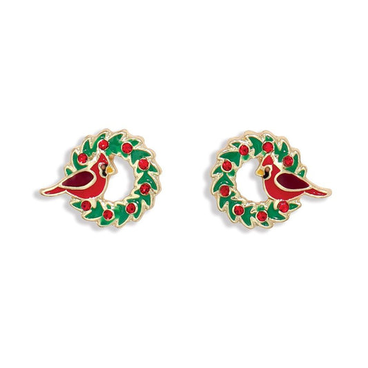 Earrings - Enamel Cardinals on Wreath - Mellow Monkey