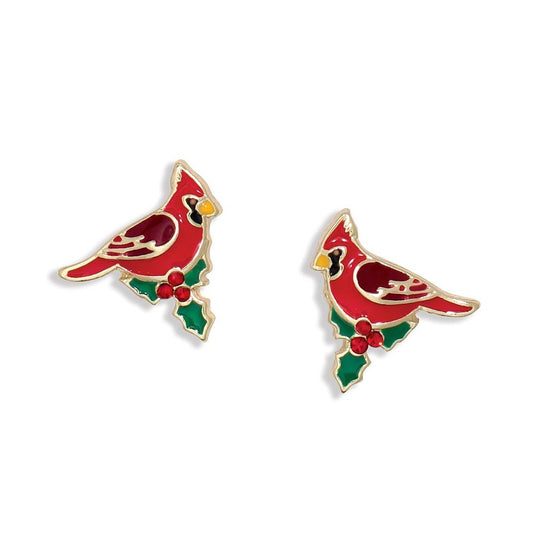 Earrings - Enamel Cardinals w Holly - Mellow Monkey