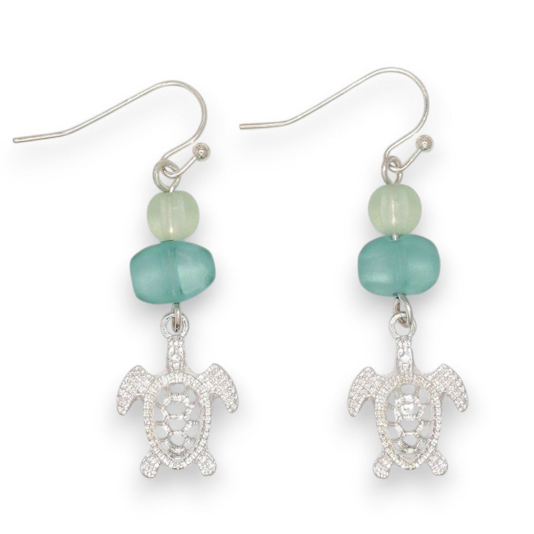 Silver Turtles With Green Sea Glass - Earrings - Mellow Monkey