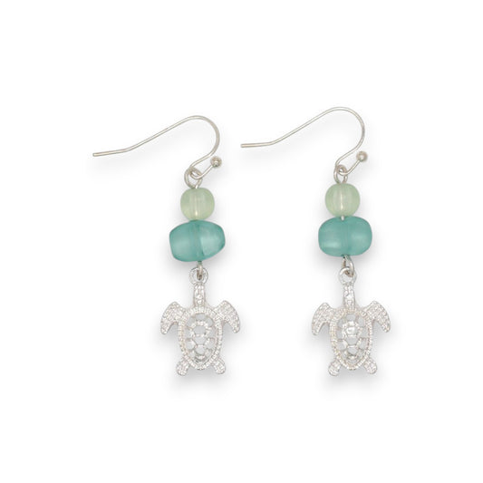 Silver Turtles With Green Sea Glass - Earrings