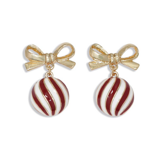 Gold Bows with Red and White Ornaments Earrings