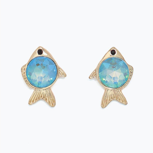 Earrings - Gold Fish w Aqua Crystal - Mellow Monkey
