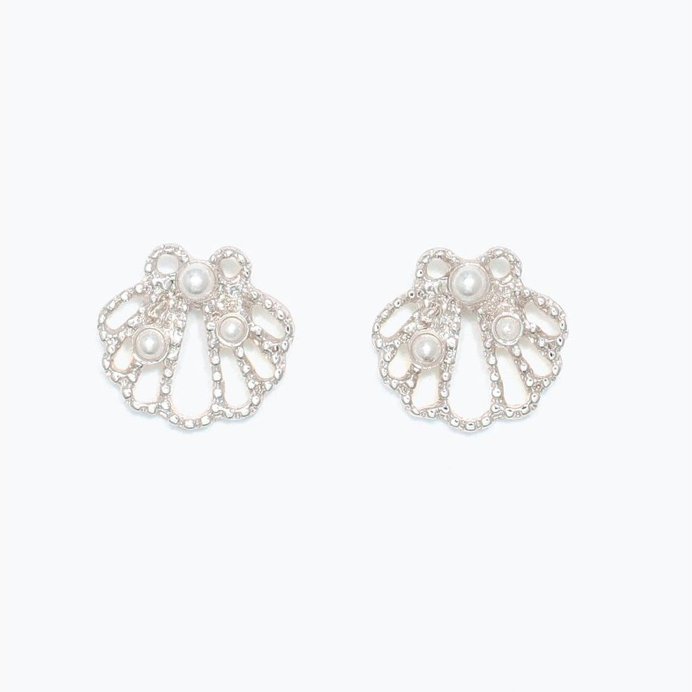 Earrings - Open Silver Scallop w Pear - Mellow Monkey