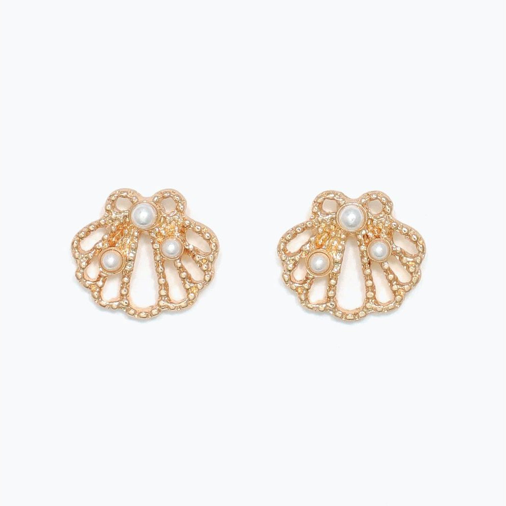 Earrings - Open Gold Scallop w Pearls - Mellow Monkey