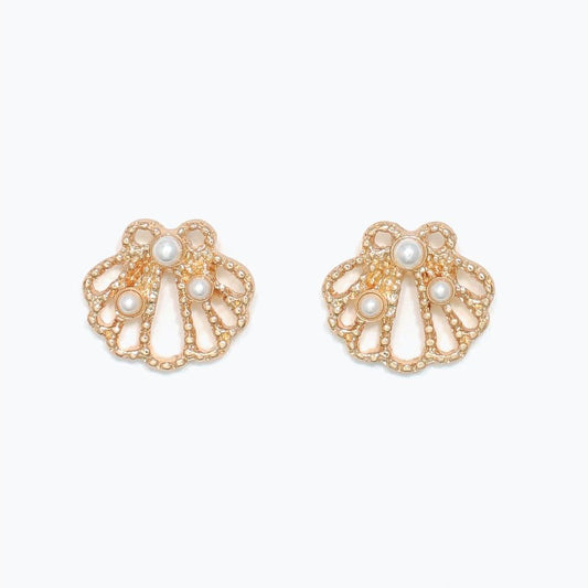 Earrings - Open Gold Scallop w Pearls - Mellow Monkey