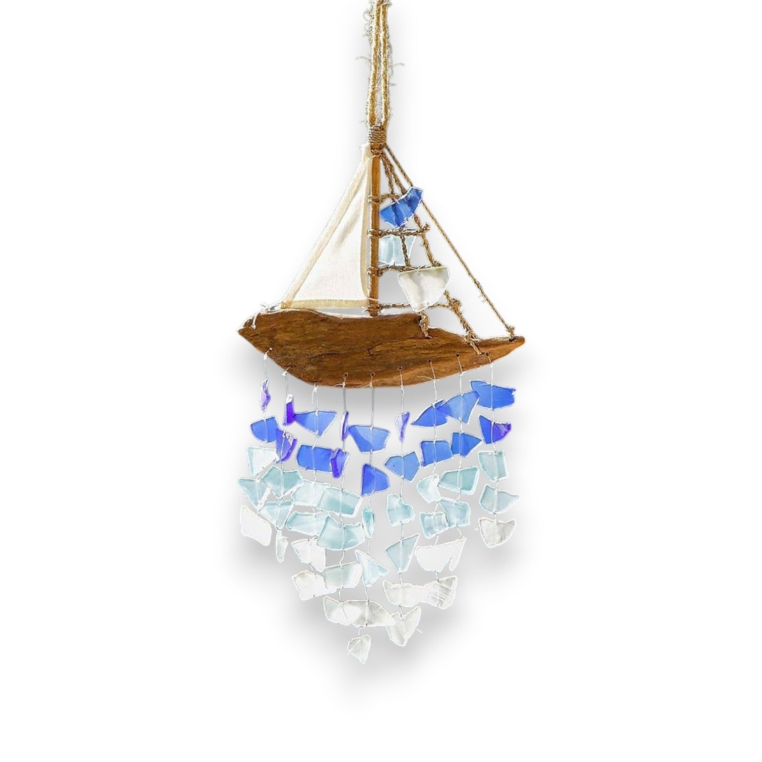 Driftwood Boat Windchime with Sea Glass - 16-in - Mellow Monkey