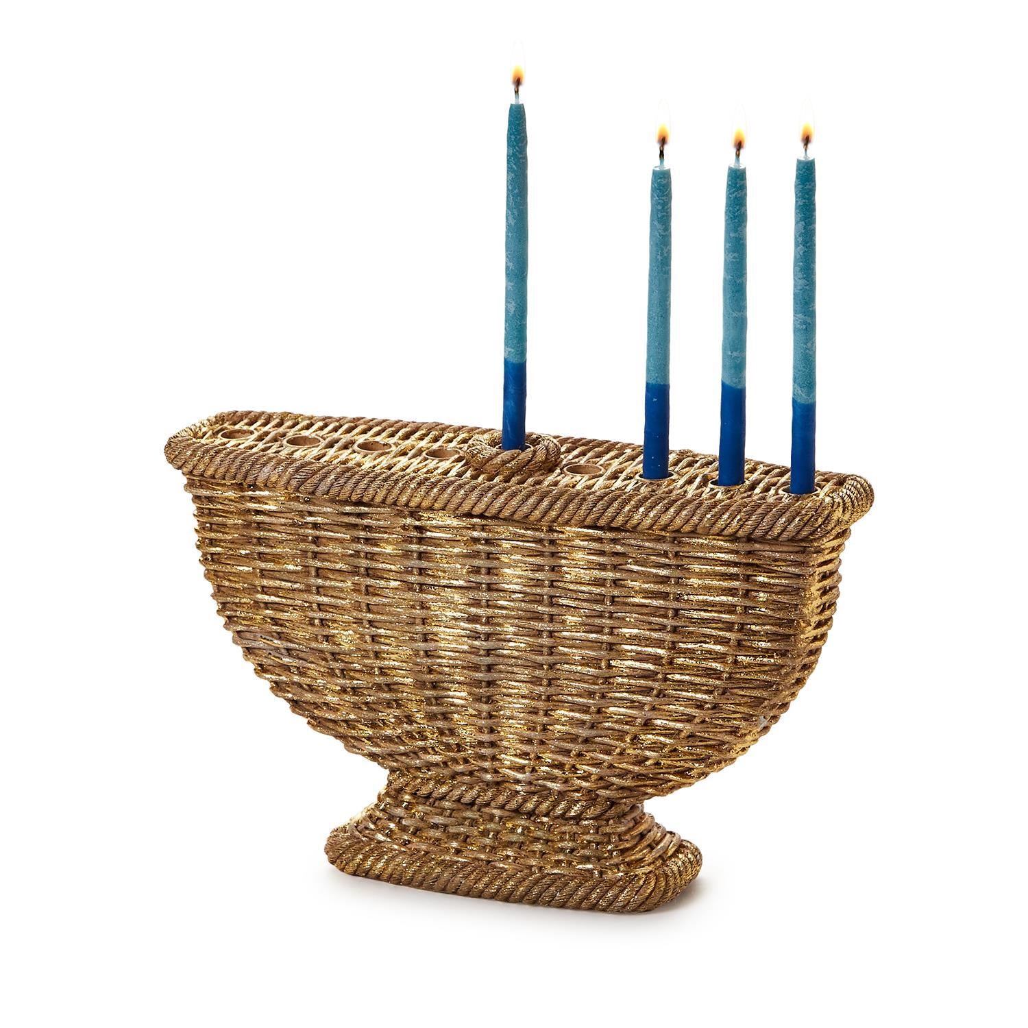 Basket Weave Menorah with Gold Leaf - 10-3/4-in - Mellow Monkey