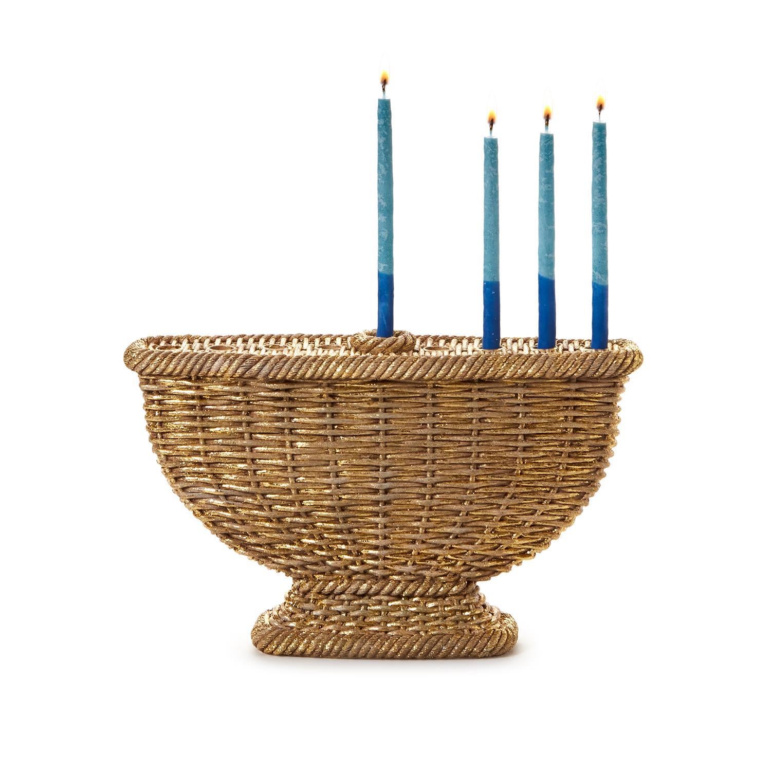 Basket Weave Menorah with Gold Leaf - 10-3/4-in - Mellow Monkey