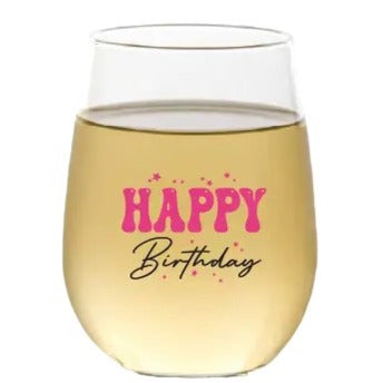 Happy Birthday (Pink / Aqua) - Shatterproof Stemless Wine Glass - 2-pk - Mellow Monkey