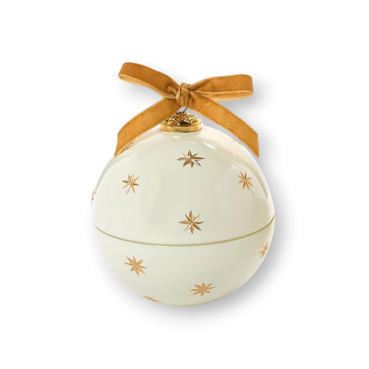 Mellow Monkey star-studded ornament candle in white glass with gold stars and a decorative velvet ribbon bow.
