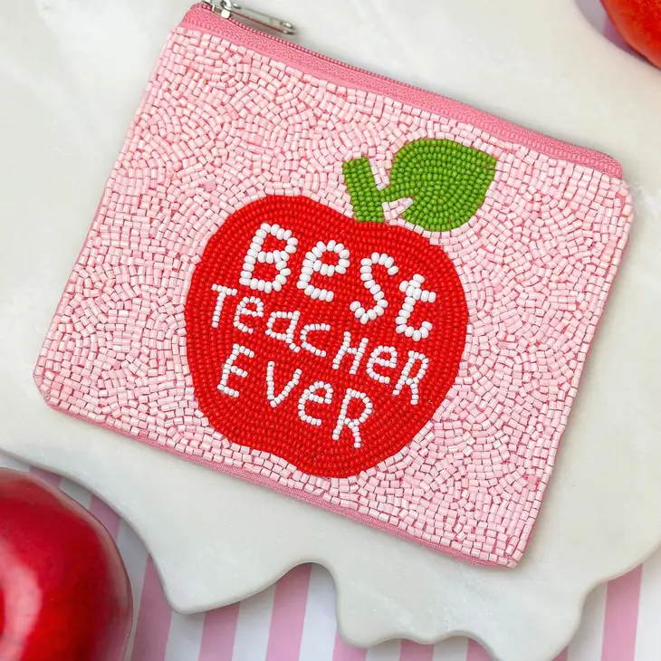 Best Teacher Ever - Beaded Zippered Petite Pouch Bag - Red Apple - Mellow Monkey