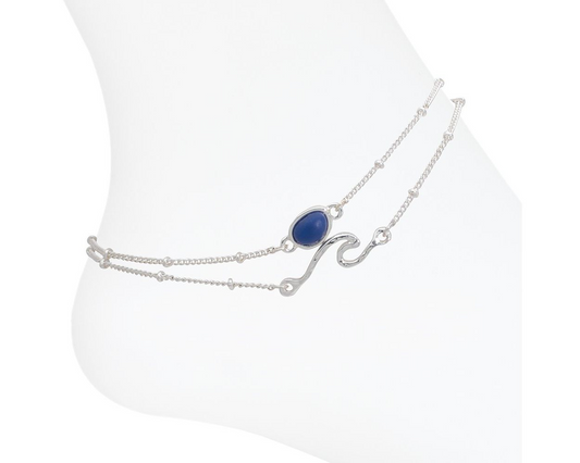 Silver Wave with Blue Sea Glass - Anklet - Mellow Monkey