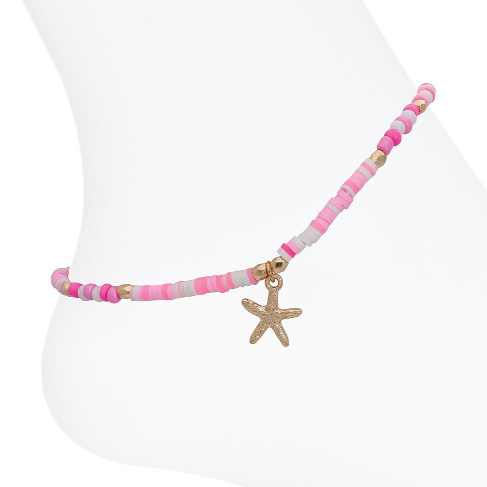 Gold Starfish with Pink Beads - Anklet - Mellow Monkey