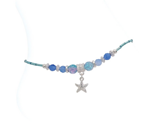 Silver Star + Blue Crackle Bead - Anklet - Mellow Monkey