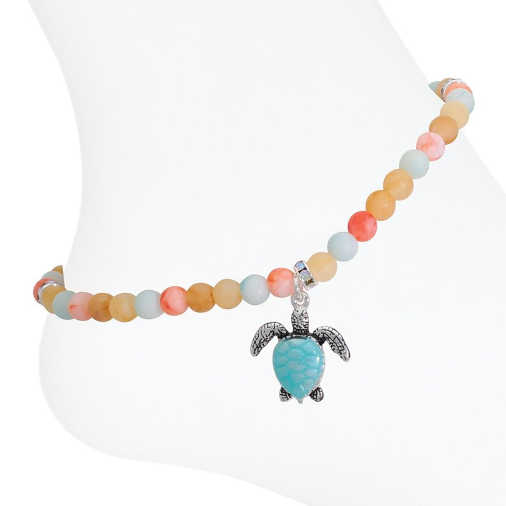 Aqua Turtle with Multi-colored Beads - Anklet - Mellow Monkey