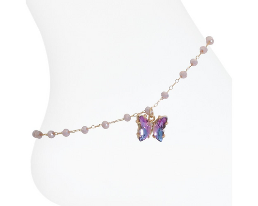 Purple Crystal Butterfly + Bead - Anklet - Mellow Monkey