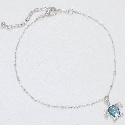 Blue Glitter Turtle in Silver Dainty Chain Anklet - Mellow Monkey