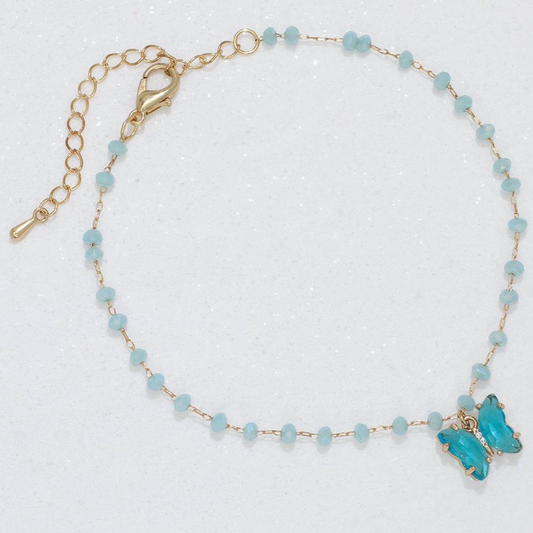 Blue Butterfly Crystal with Beads Anklet - Mellow Monkey