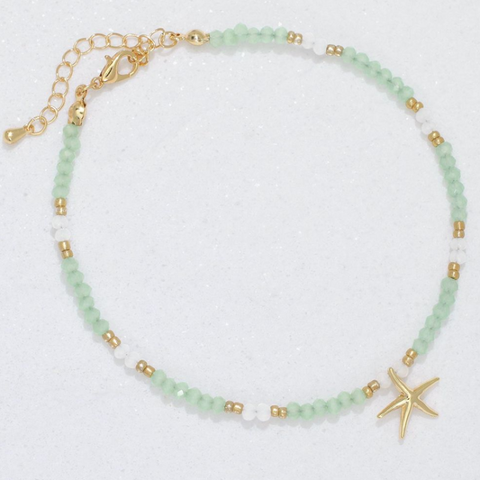 Gold Starfish with Mint Beads Anklet - Mellow Monkey