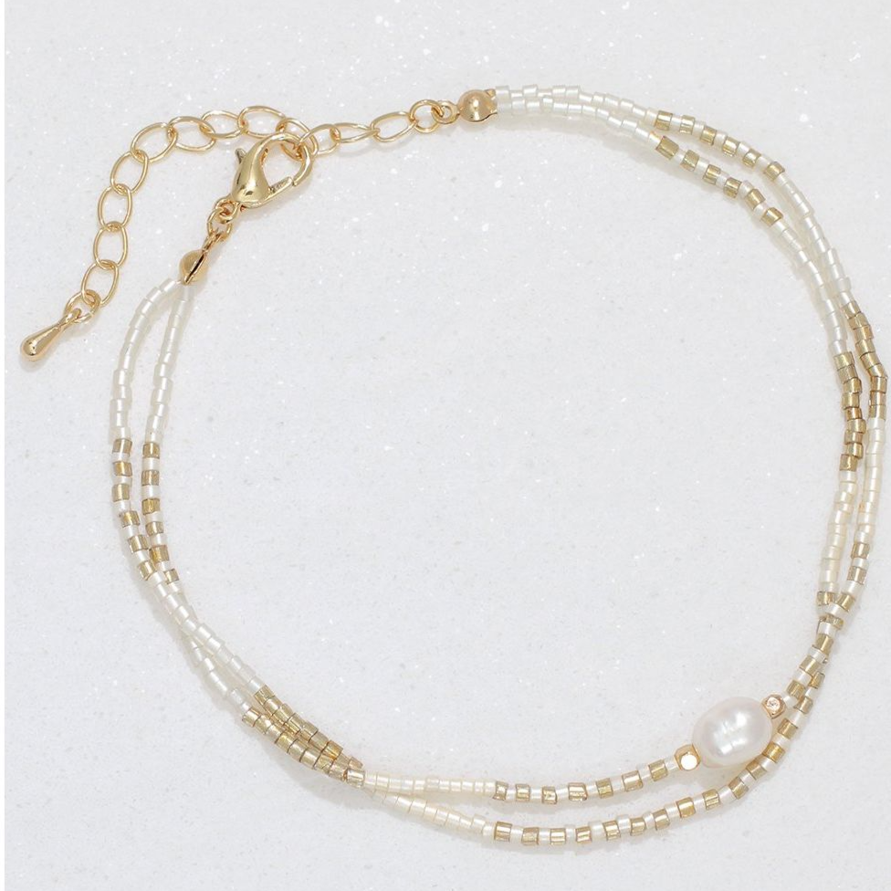 White and Gold Beads with Pearl Anklet - Mellow Monkey