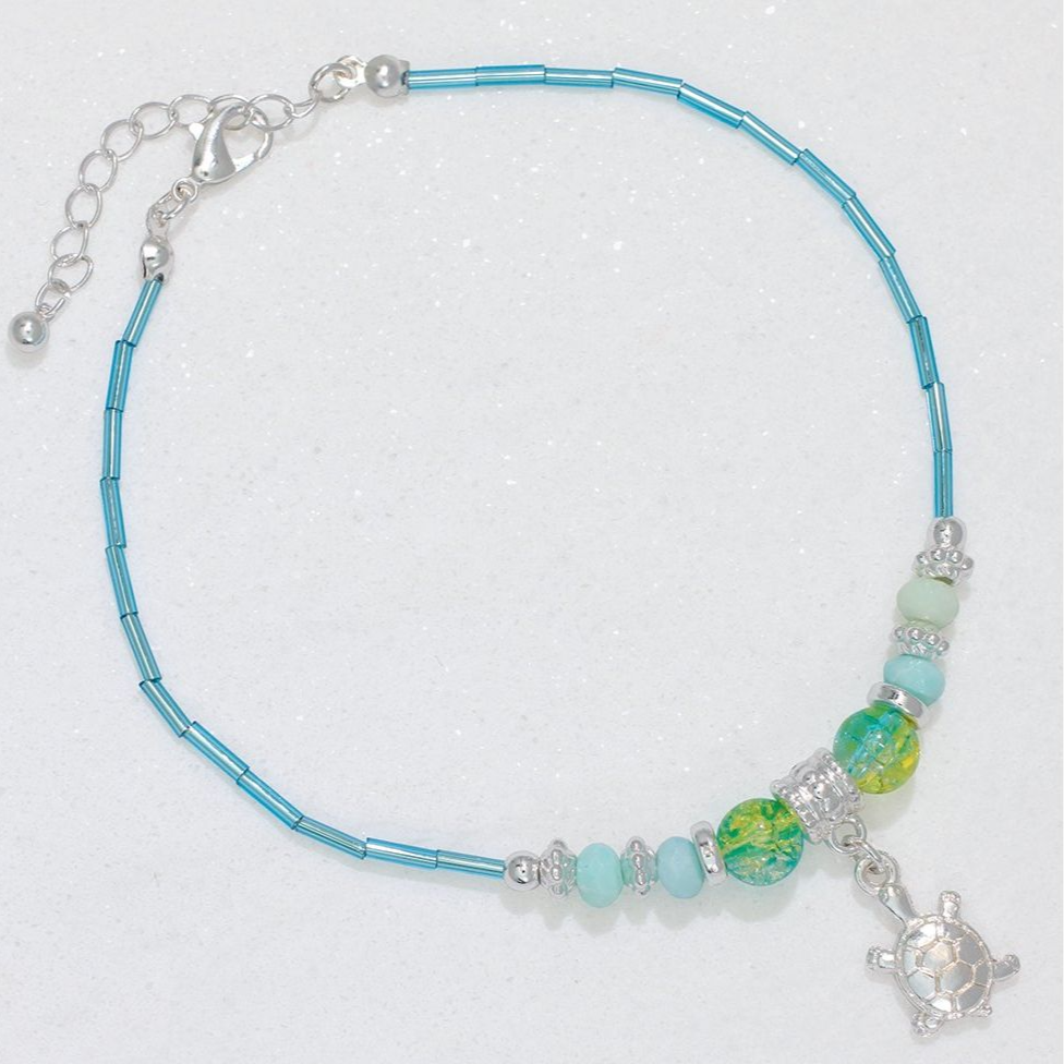 Turtle with Aqua Beads Anklet - Mellow Monkey