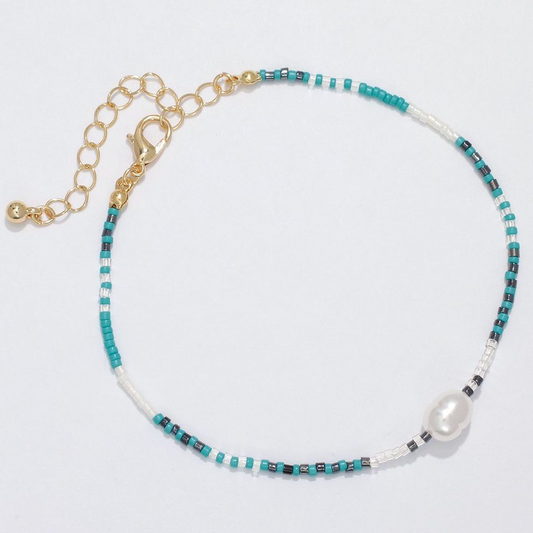 Blue and Aqua Seed Beads with Pearl Anklet - Mellow Monkey