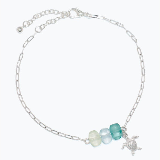 Green Seaglass With Silver Turtle - Anklet - Mellow Monkey