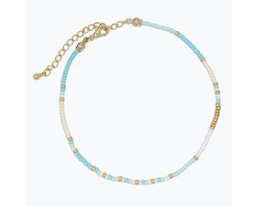 Gold with Aqua & White Beads Anklet