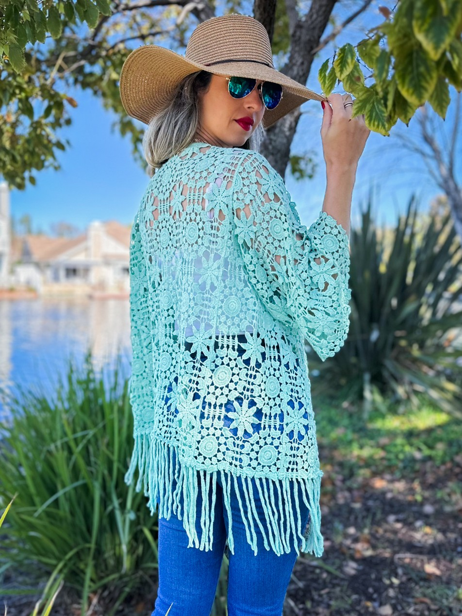 Floral Crochet with Tassel Kimono - 3/4 Sleeve - Mellow Monkey
