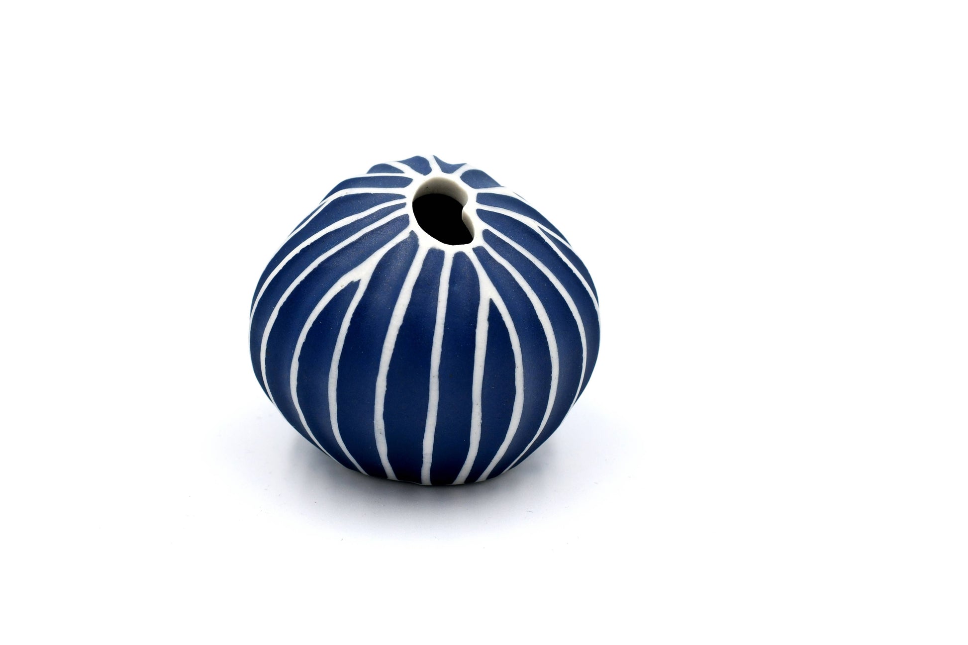 Mini Pebble - Handcrafted Porcelain Bud Vase - Navy with White Stripes - 3.4 x 2.6 x 2.4 in - Mellow Monkey