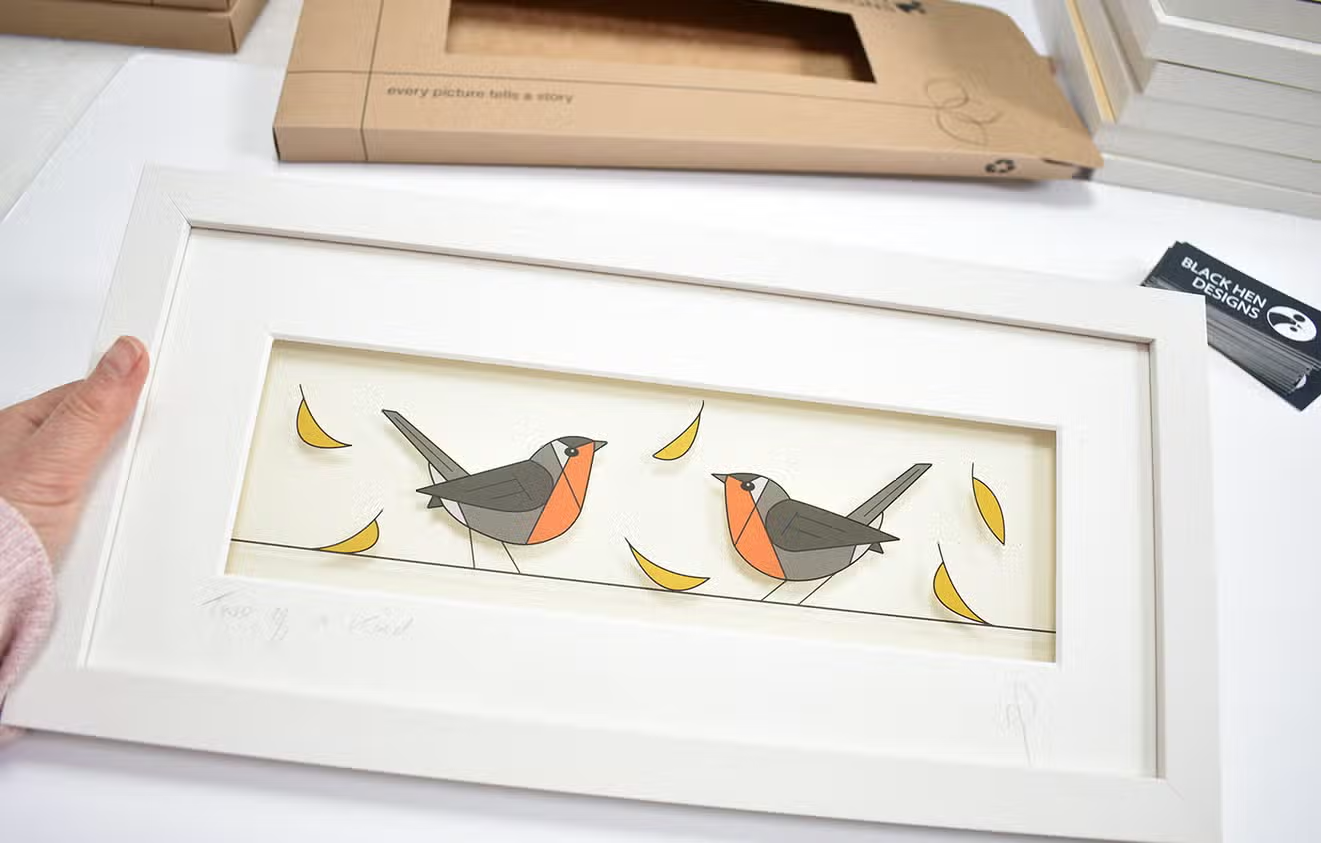 Two Of A Kind Robins - Framed Glass Wall Art from Black Hen Designs of Ireland - 14-5/8-in - Mellow Monkey
