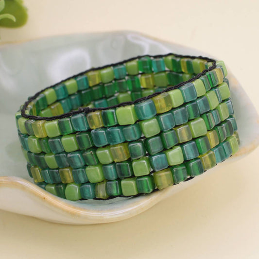 Green Tone - Square Bead Mosaic - Stretch Bracelet