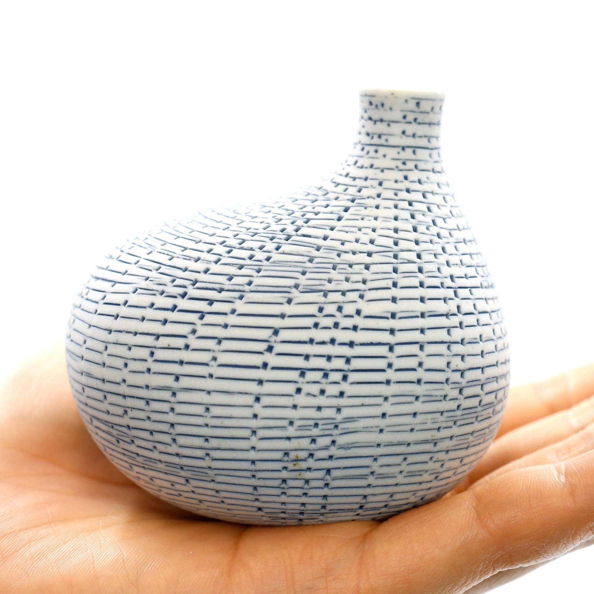 Mini Omo - Handcrafted Porcelain Bud Vase -White with Blue Grid Pattern - 2.7 x 2 x 2.8 in - Mellow Monkey