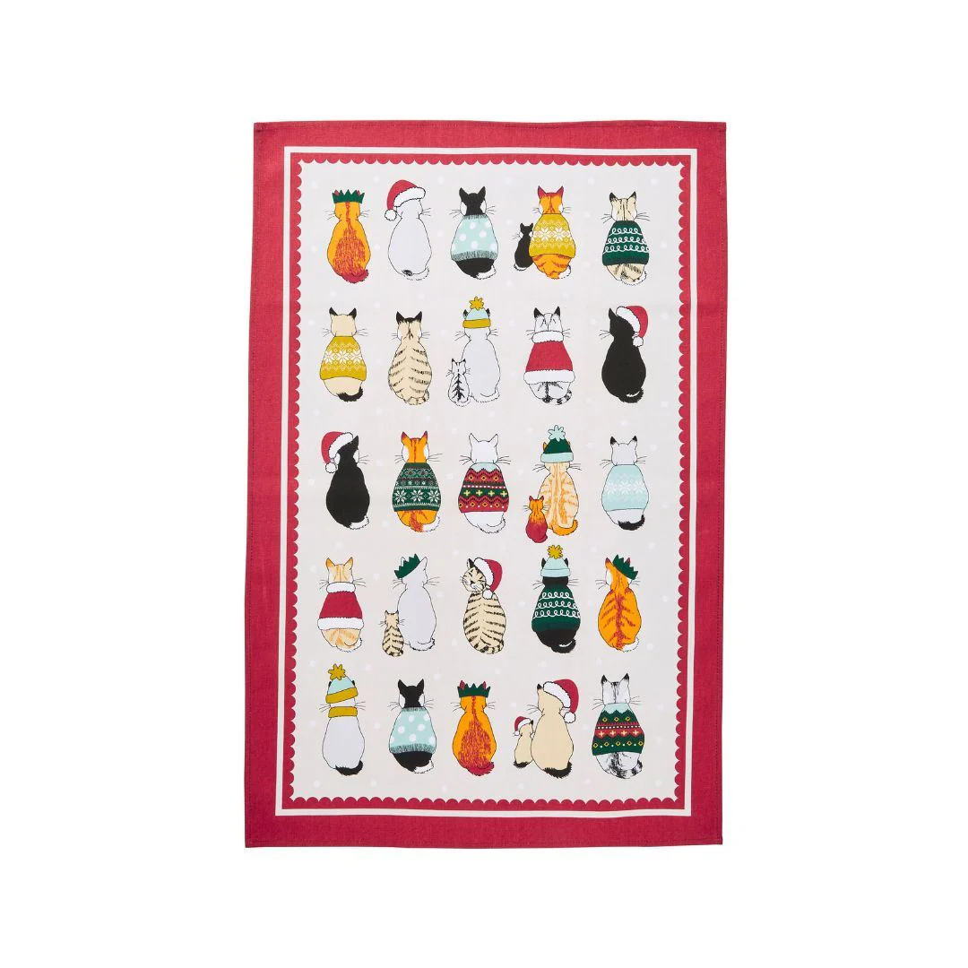 Christmas Cats in Waiting Cotton Tea Towel - Mellow Monkey