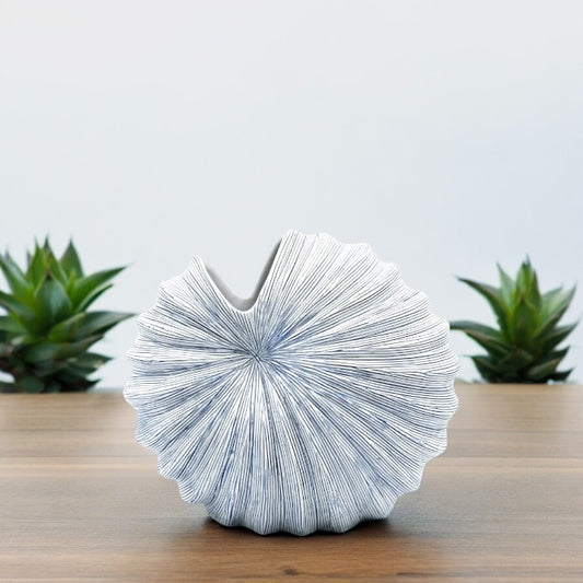 White with Blue Stripes Palm Mini Porcelain Bud Vase - 8.25"W x 8"H