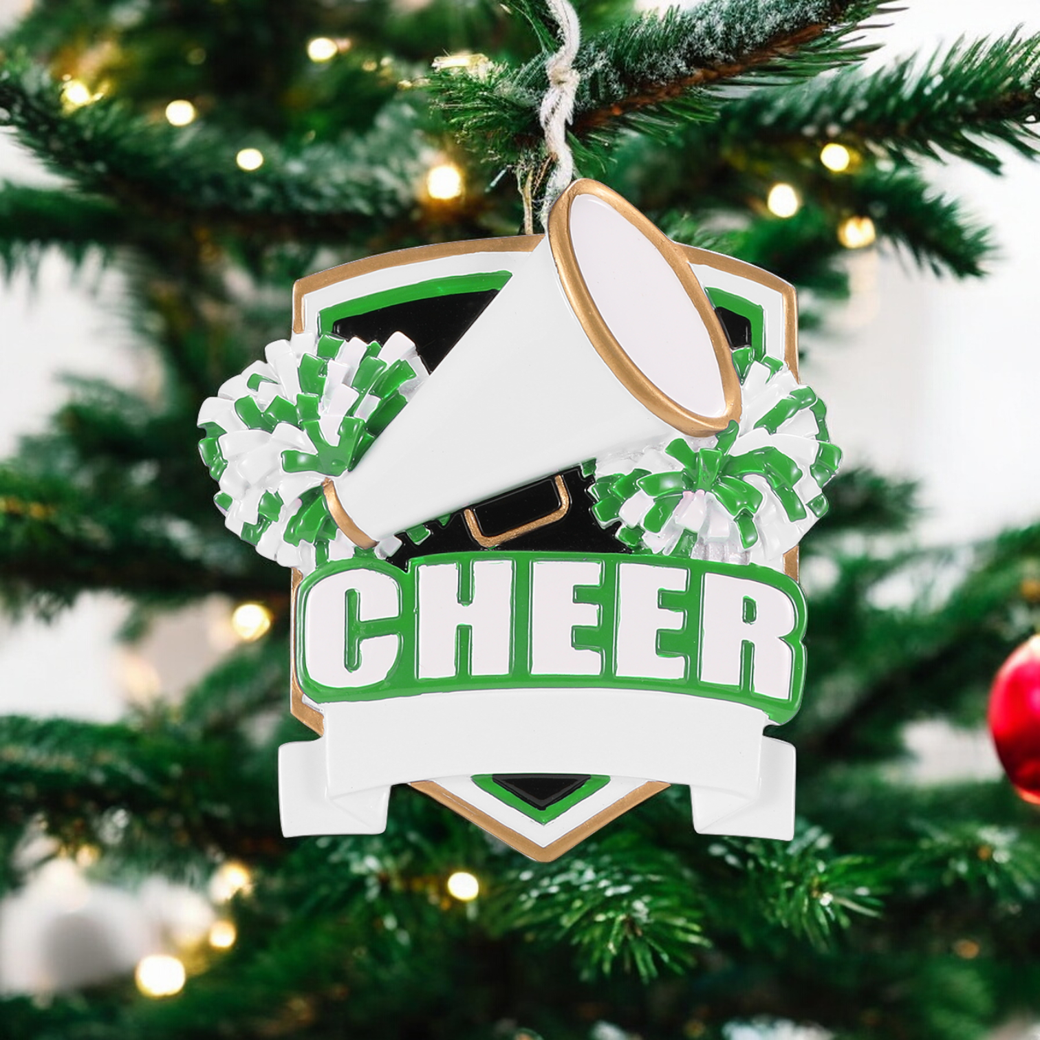 GREEN Cheer Shield Personalized Ornament - Mellow Monkey
