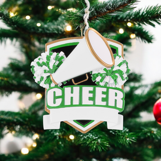 GREEN Cheer Shield Personalized Ornament - Mellow Monkey