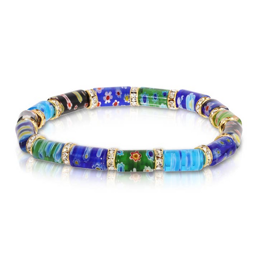 Midnight Millefiori Glass And Rhinestone Stretch Bracelet