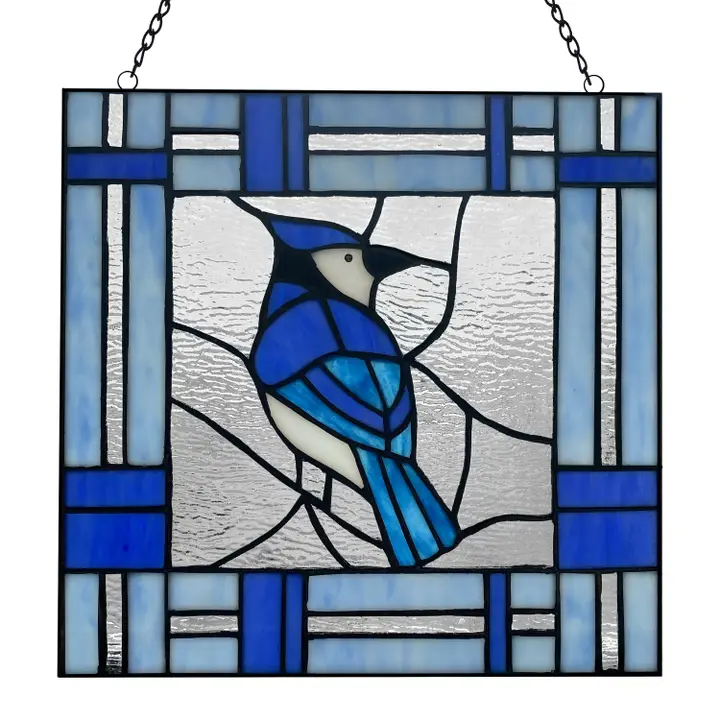 Landon the Blue Jay Stained Glass Window Pane - 11-in - Mellow Monkey