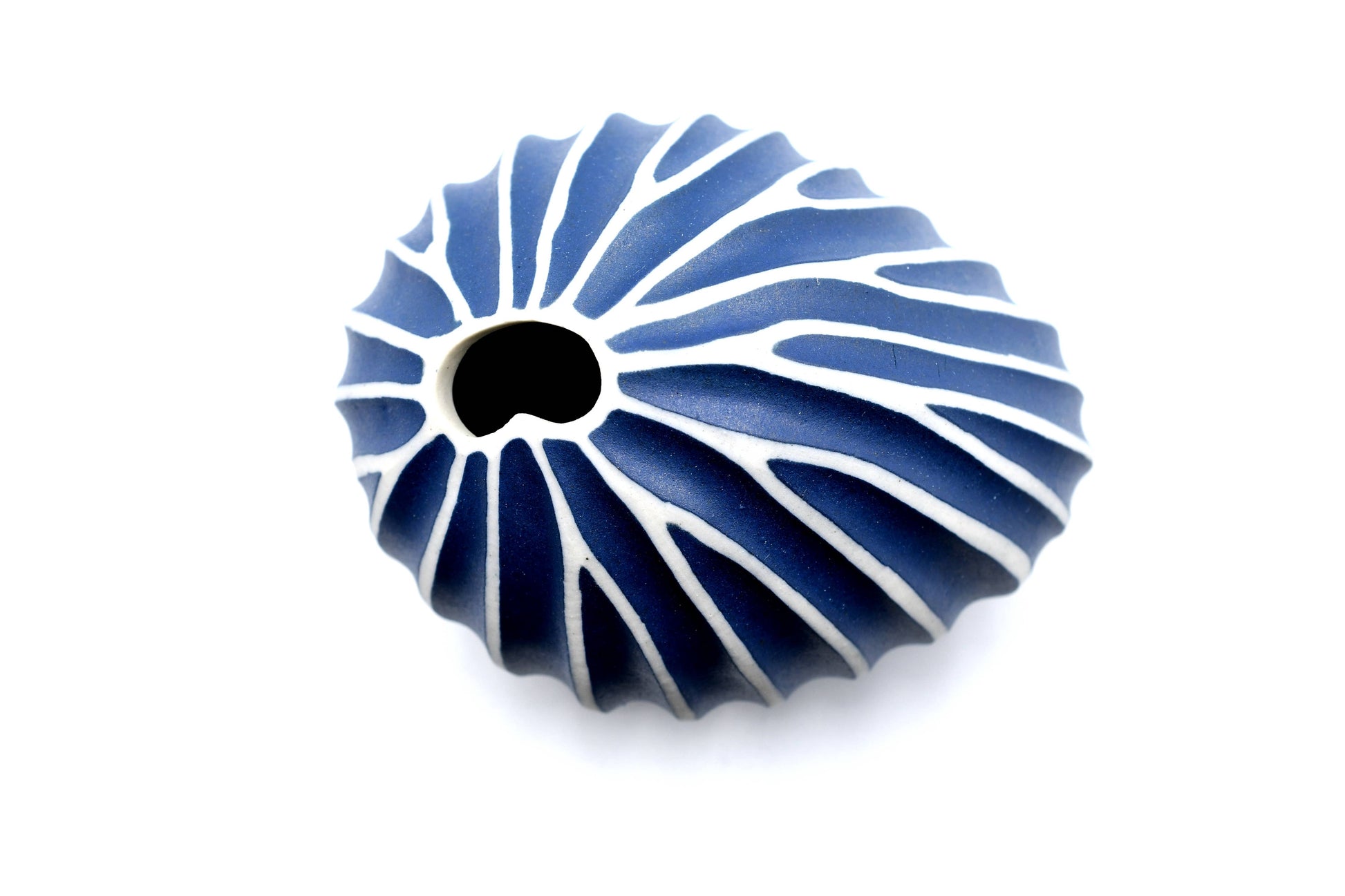 Mini Pebble - Handcrafted Porcelain Bud Vase - Navy with White Stripes - 3.4 x 2.6 x 2.4 in - Mellow Monkey