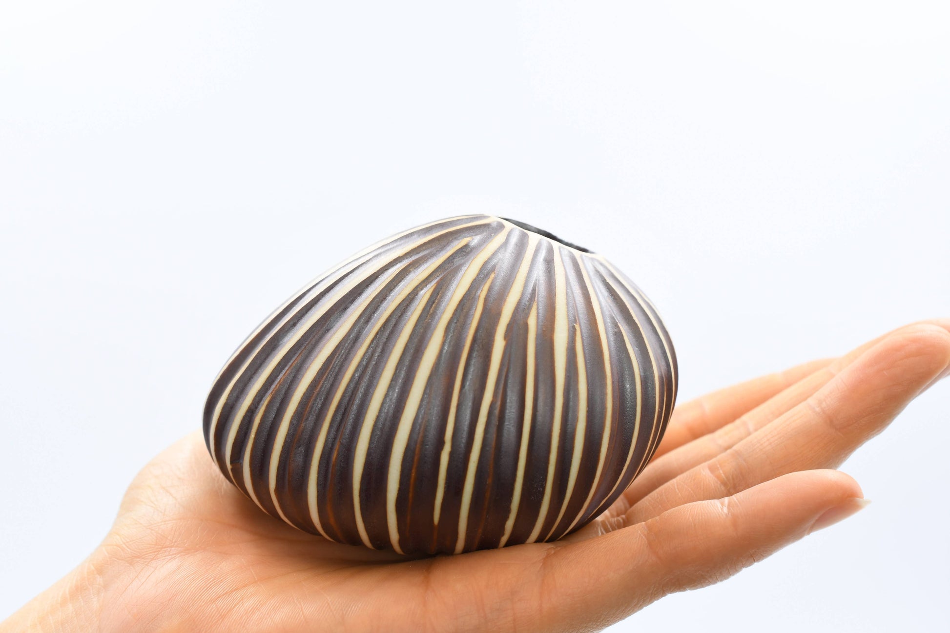Mini Pebble - Handcrafted Porcelain Bud Vase - Taupe with White Stripes - 3.4 x 2.6 x 2.4 in - Mellow Monkey