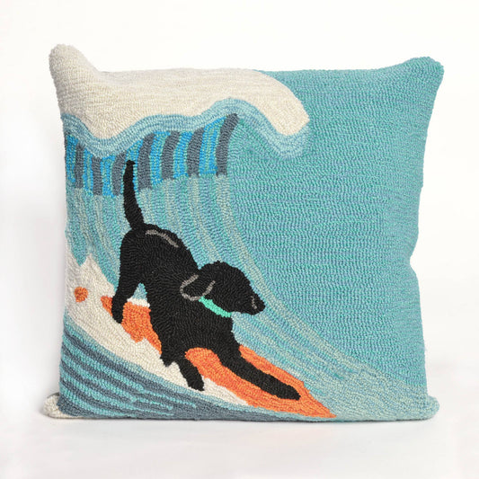 Frontporch Surfing Dog - Indoor/Outdoor Hand Hooked Pillow - Ocean - 18-in - Mellow Monkey