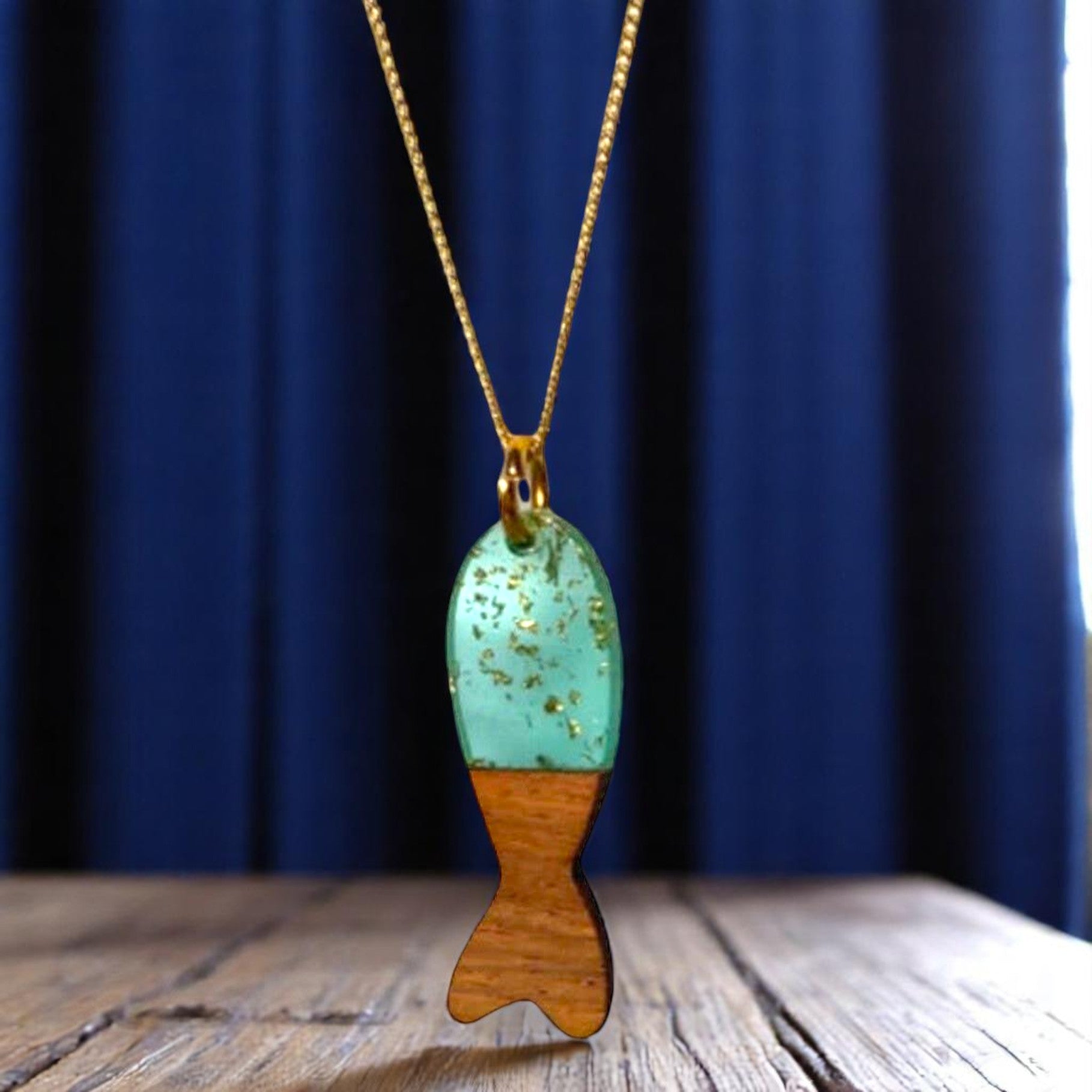 Aqua Green Fish Necklace - Wood Resin Glitter - Mellow Monkey