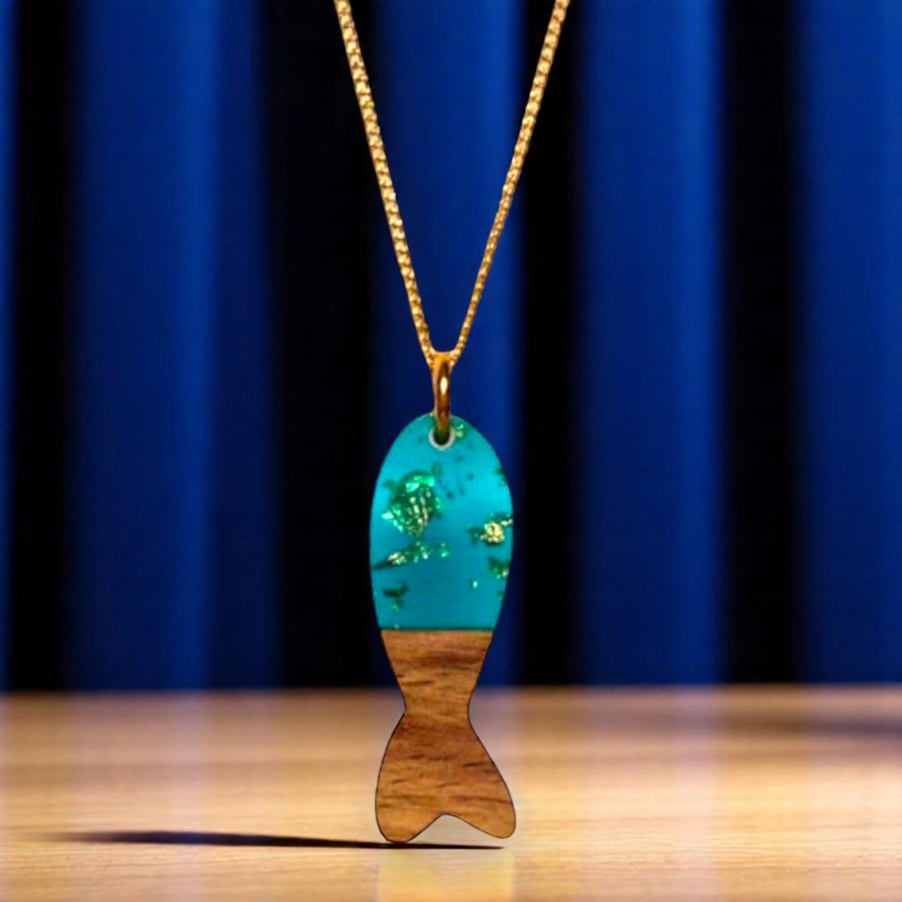 Dark Turquoise Fish Necklace - Wood Resin Glitter - Mellow Monkey