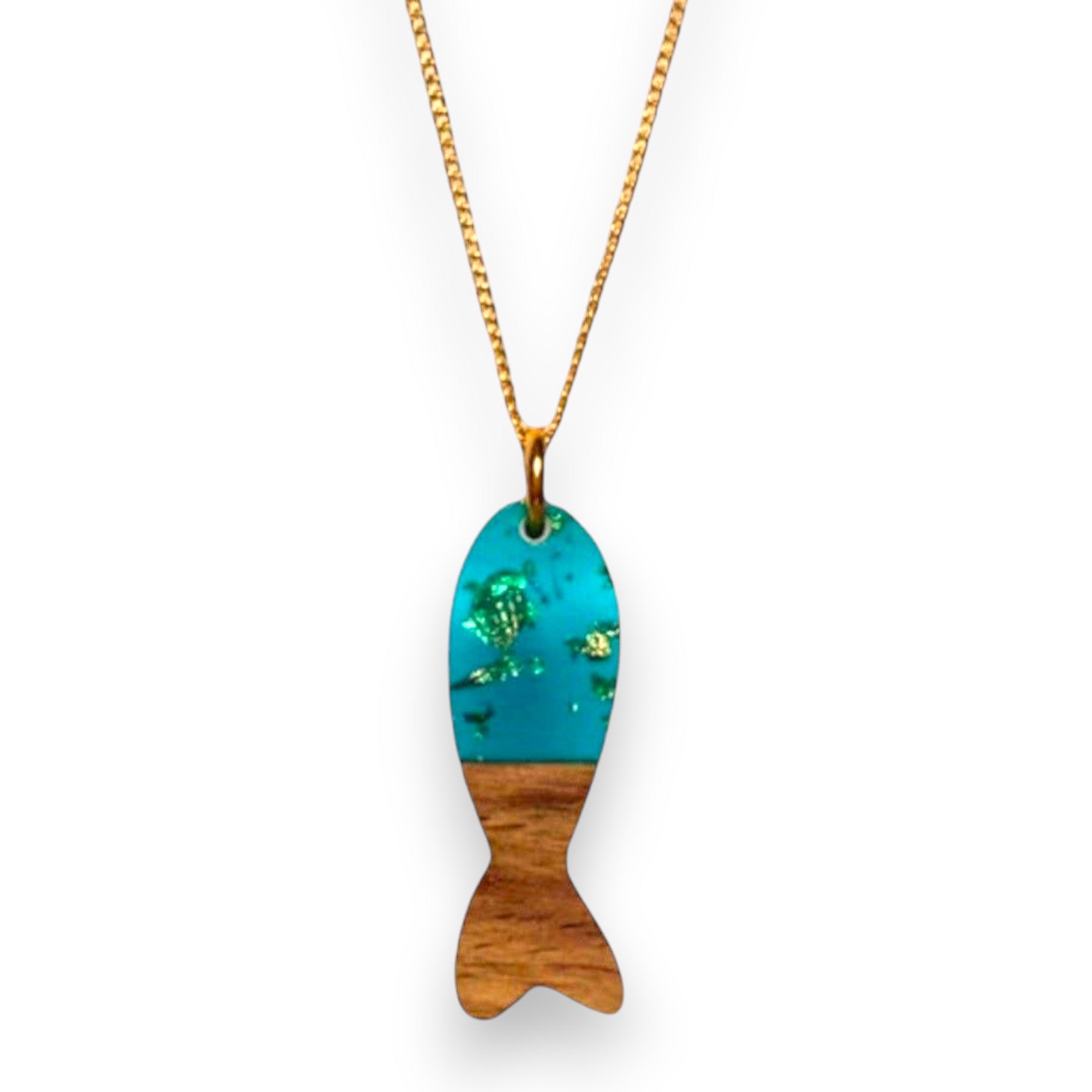 Dark Turquoise Fish Necklace - Wood Resin Glitter - Mellow Monkey